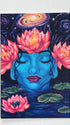 A postcard depicting artwork of the goddess Gaia, whose head is adorned with three large pink lotuses. She is surrounded by lilypads and a lotus that contains the planet Earth. Above her head, a galaxy swirls.
