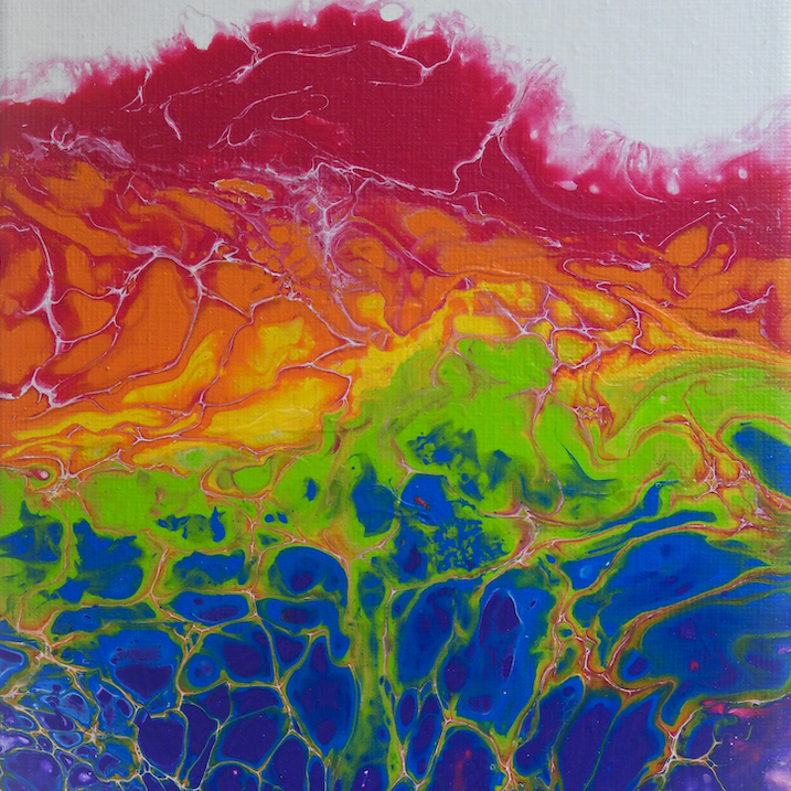 Colorful abstract flow painting with a rainbow gradient from deep hot pink to purple.