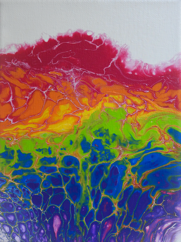 Colorful abstract flow painting with a rainbow gradient from deep hot pink to purple.