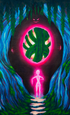 A painting depicting a glowing spirit figure standing at the top of steps leading to a dark abyss surrounded by blue trees and hanging green leaves. In the abyss, a demon awaits while holding a glowing orb hostage.
