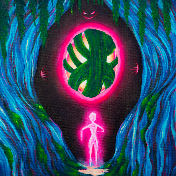 A painting depicting a glowing spirit figure standing at the top of steps leading to a dark abyss surrounded by blue trees and hanging green leaves. In the abyss, a demon awaits while holding a glowing orb hostage.