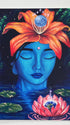 A postcard depicting a blue-skinned goddess Kuan Yin wearing a tiger lily headdress. containing the moon. A single tear escapes from her eye. She rests peacefully with her eyes closed in a body of water, surrounded by lilypads and a glowing lotus containing planet Earth.