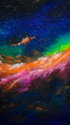 Colorful nebula with vibrant hues of orange, green, and pink against a starry space background.
