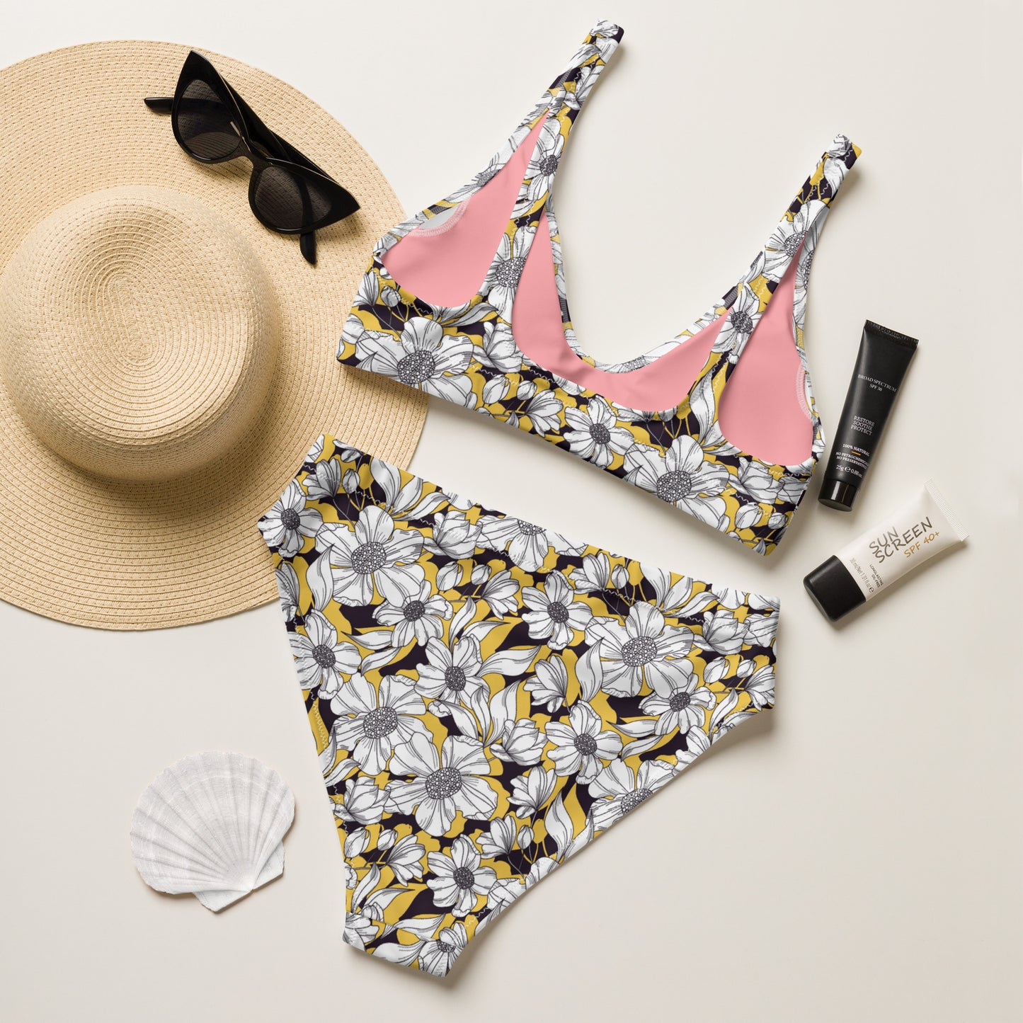 Recycled high-waisted bikini, Retro Floral