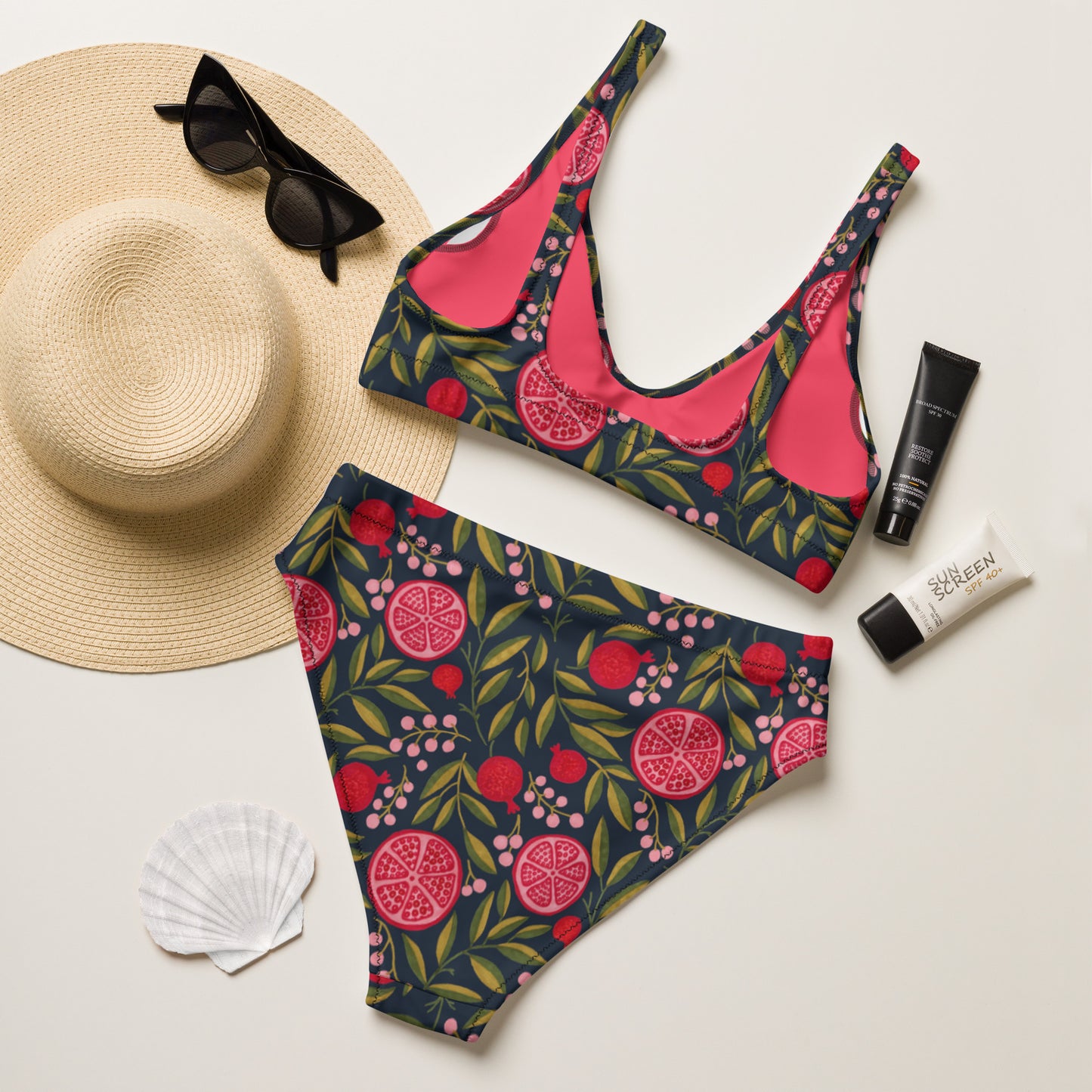 Recycled high-waisted bikini, Dark Pomegranate