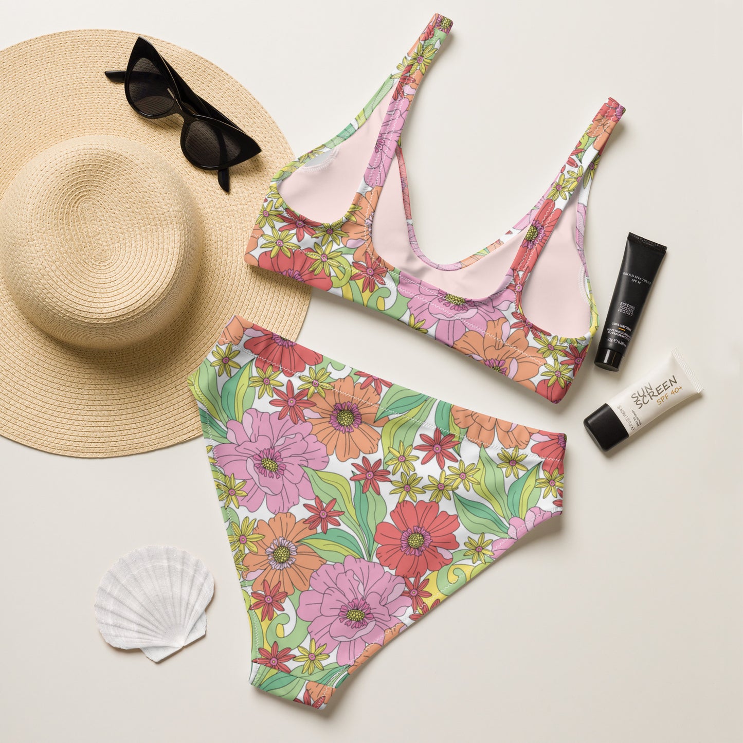 Recycled high-waisted bikini, Retro Floral