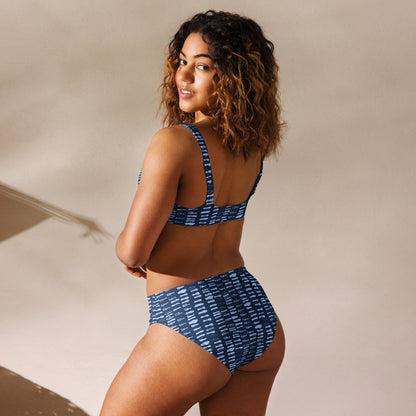 Recycled high-waisted bikini, Navy Block Print