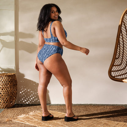 Recycled high-waisted bikini, Navy Block Print