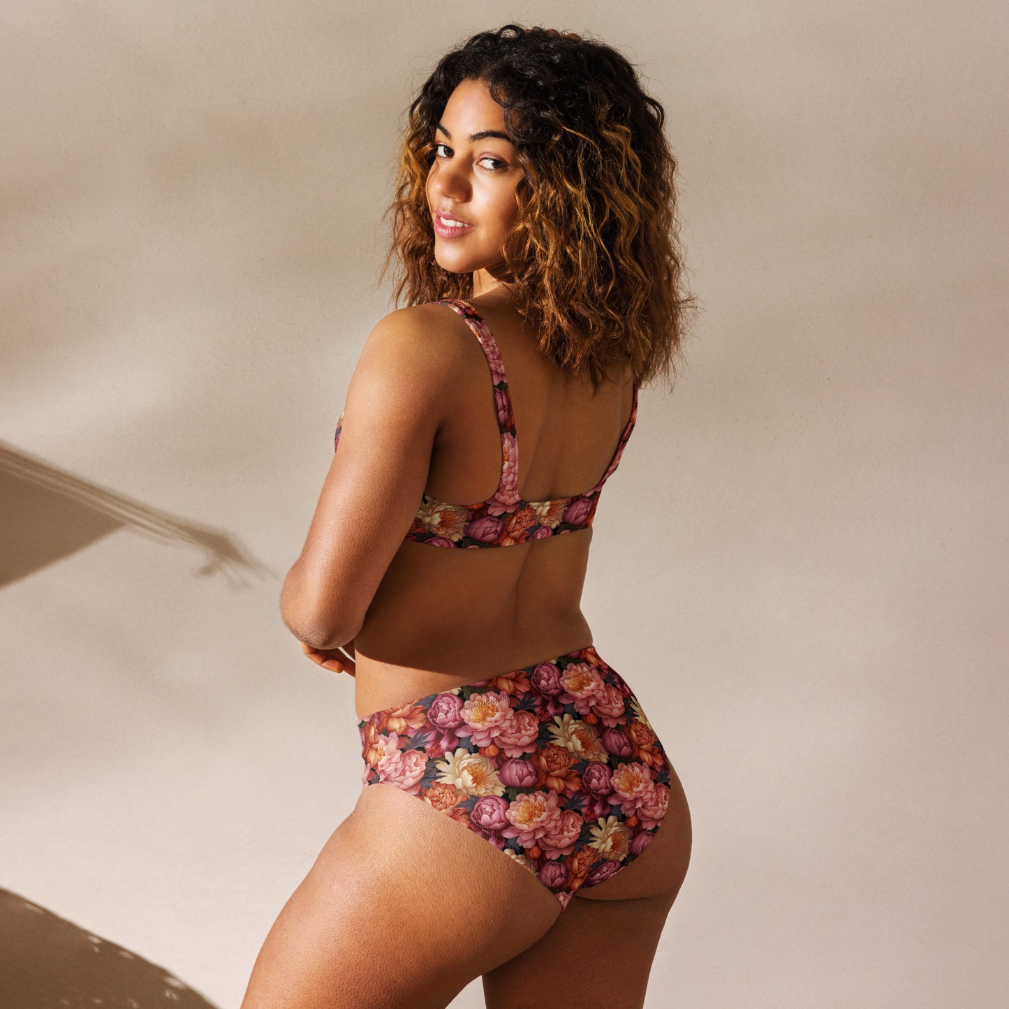 Recycled high-waisted bikini, Sunset Peony