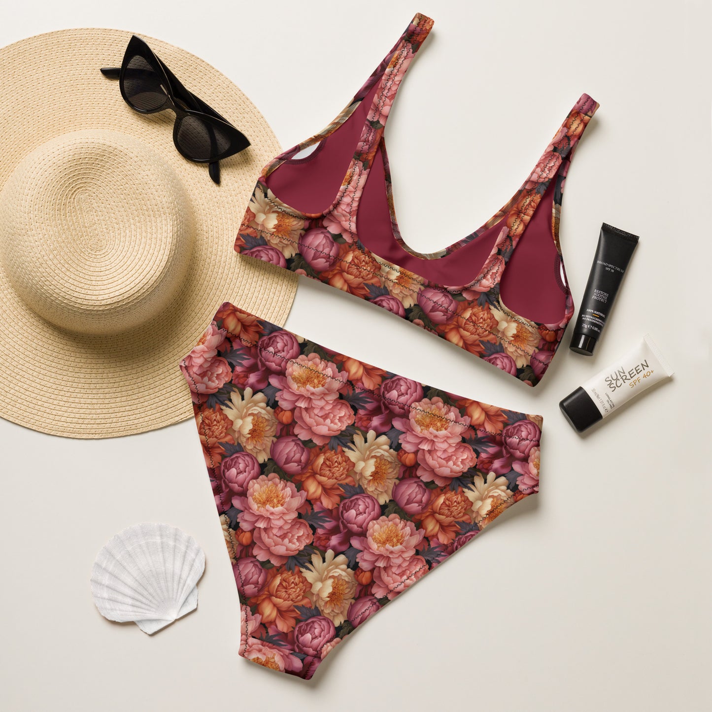 Recycled high-waisted bikini, Sunset Peony