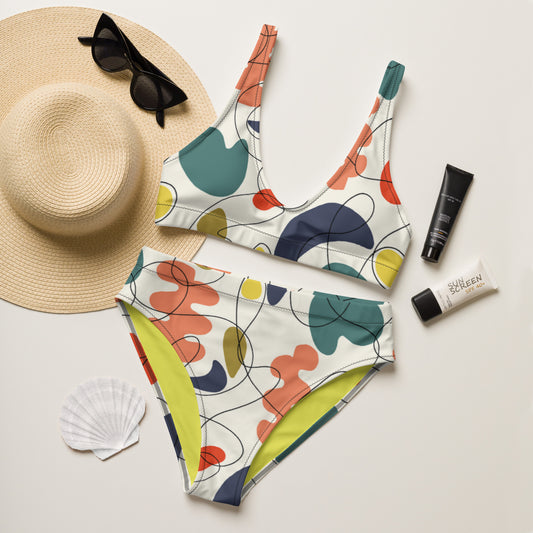 Recycled high-waisted bikini, Colorful Abstract