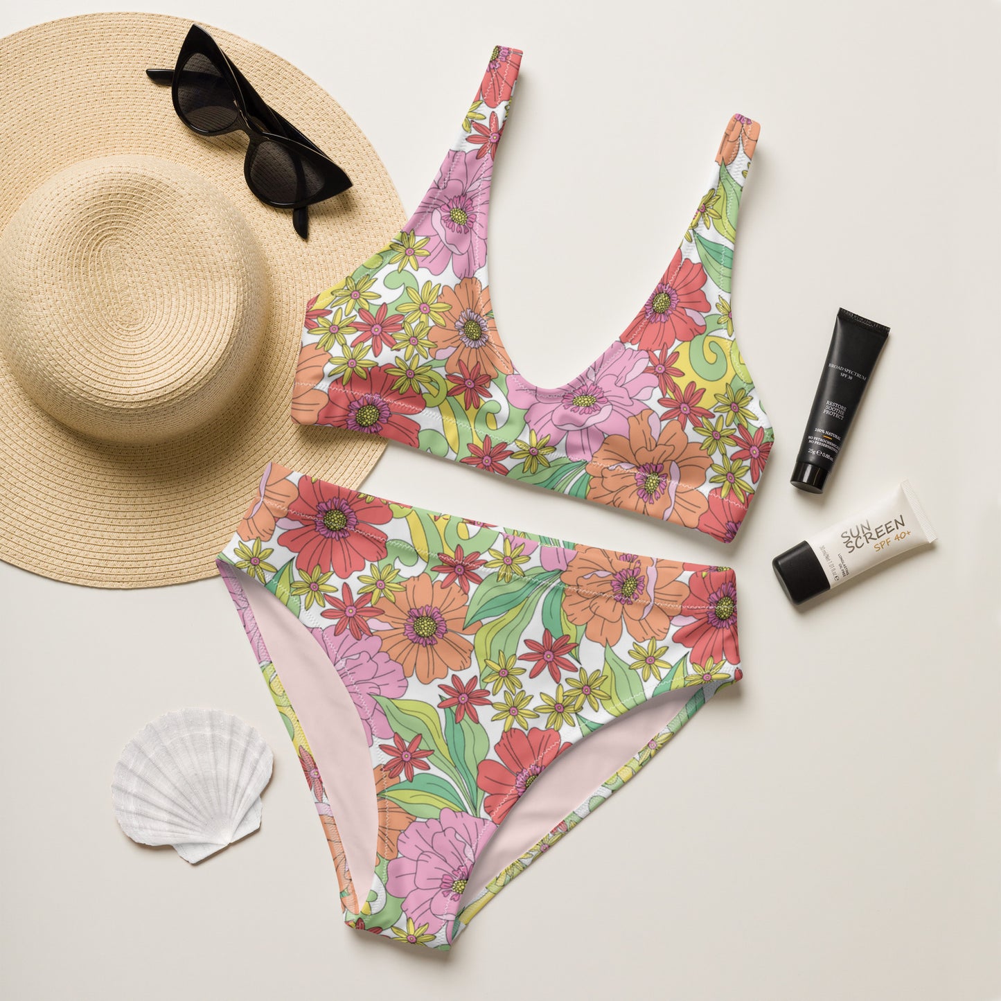 Recycled high-waisted bikini, Retro Floral