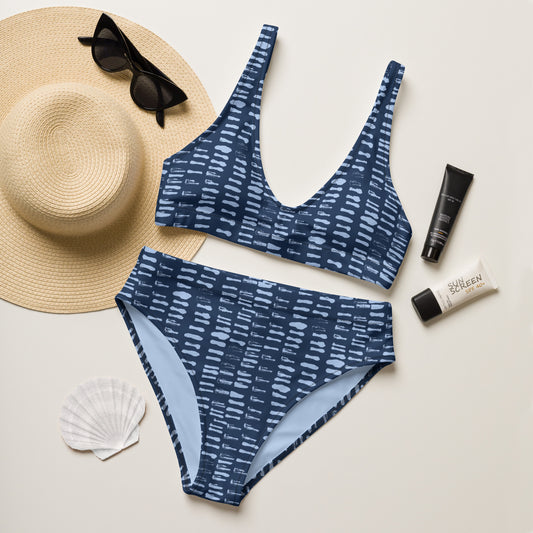 Recycled high-waisted bikini, Navy Block Print