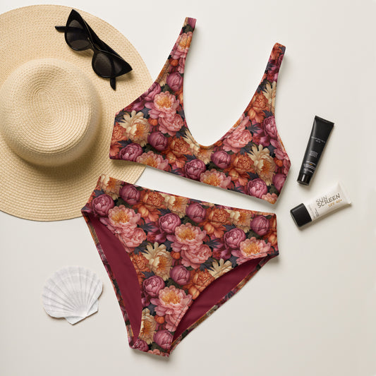 Recycled high-waisted bikini, Sunset Peony