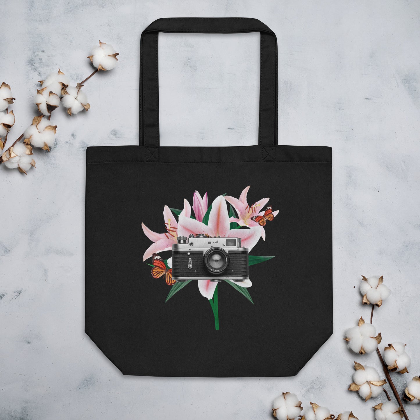 Organic Cotton Tote Bag, Vintage Camera with Lilies