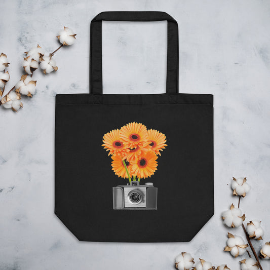 Organic Cotton Tote Bag, Vintage Floral Camera