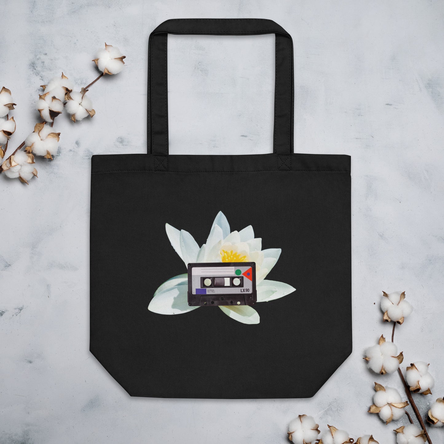 Organic Cotton Tote Bag, Vintage Cassette Tape with Lotus