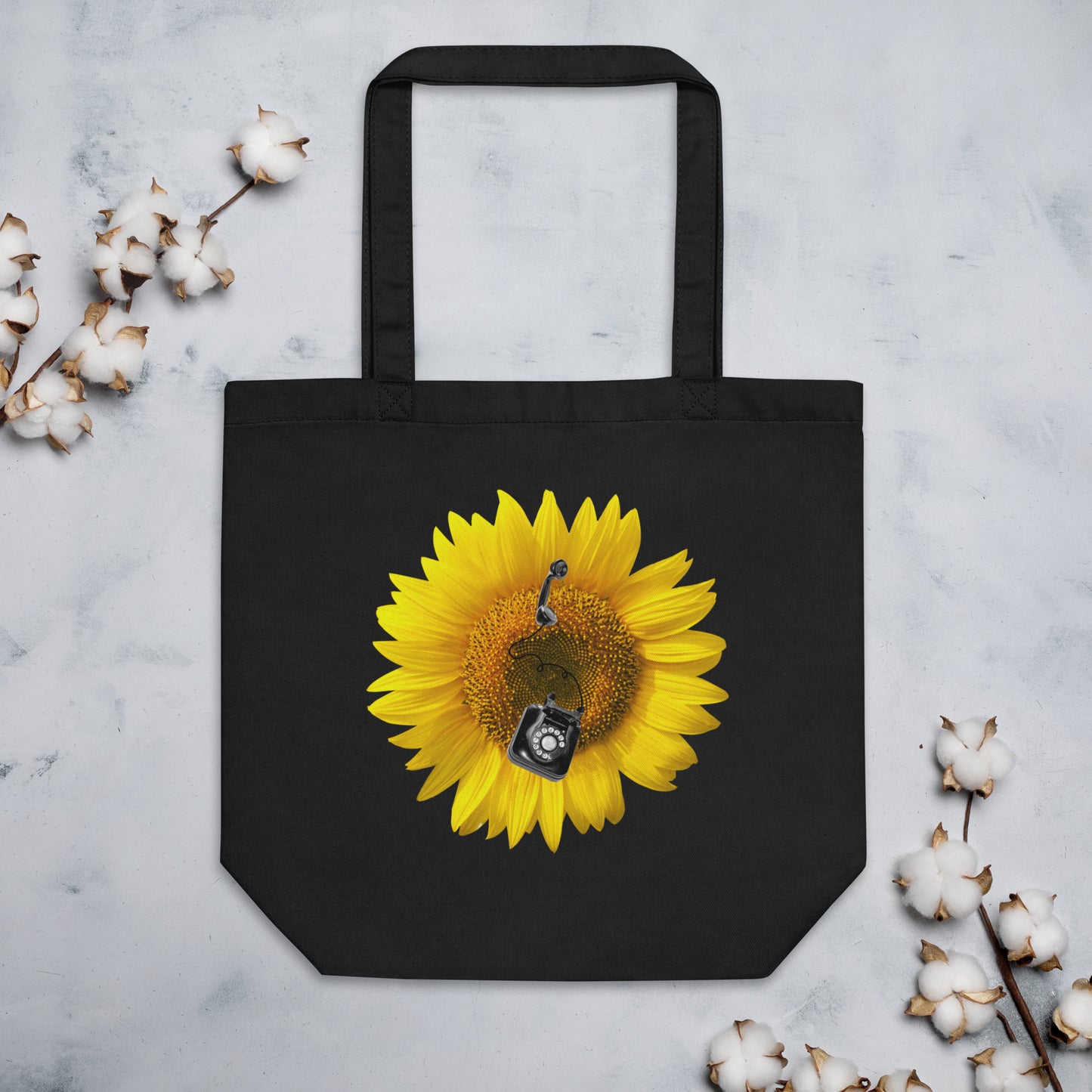 Organic Cotton Tote Bag, Vintage Rotary Phone on Sunflower