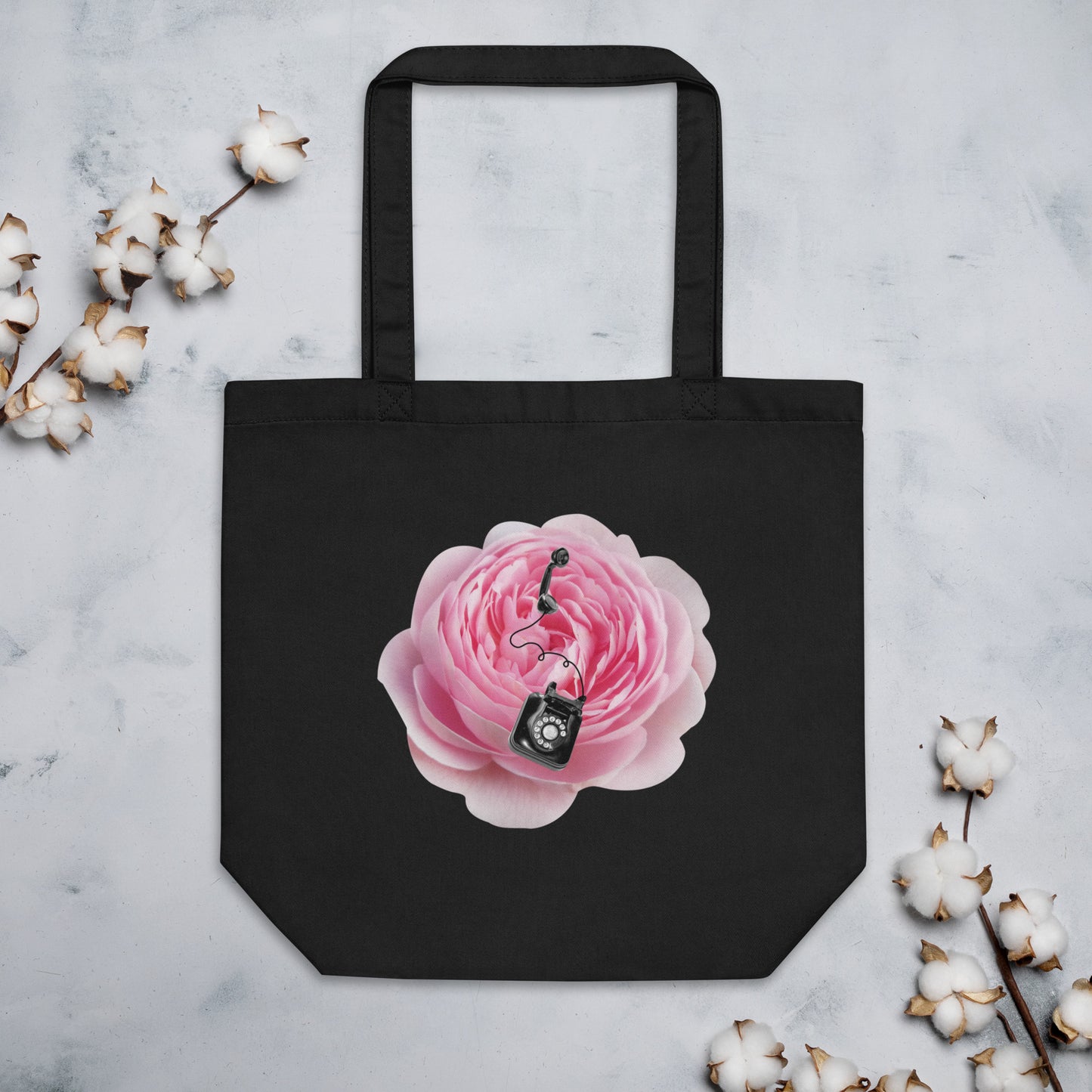 Organic Cotton Tote Bag, Vintage Rotary Phone on Peony