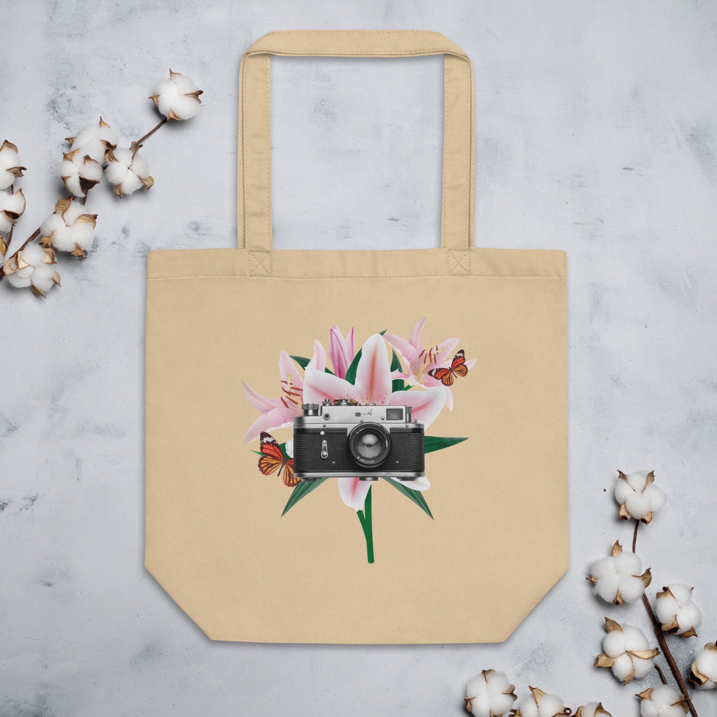 Organic Cotton Tote Bag, Vintage Camera with Lilies