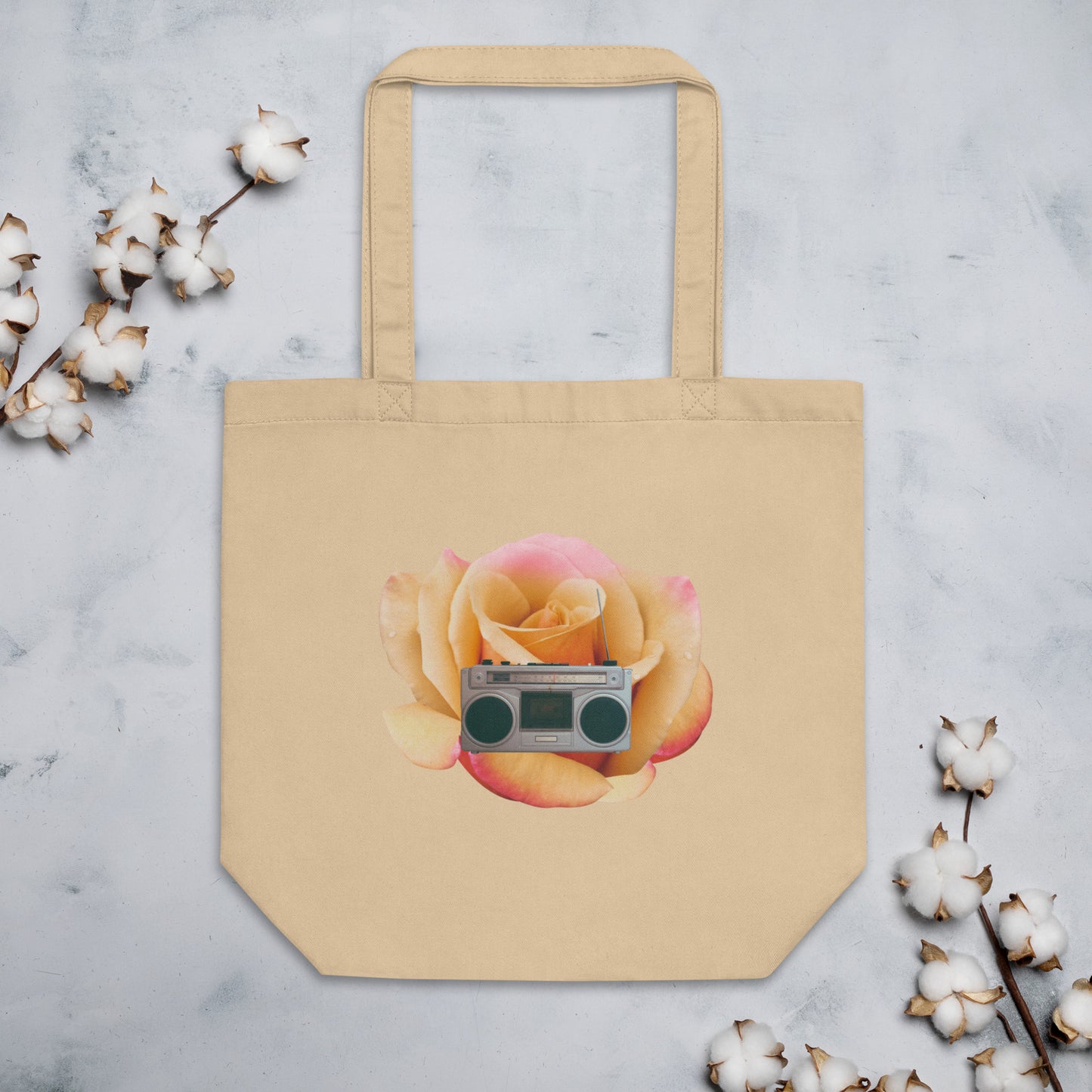 Organic Cotton Tote Bag, Vintage Radio En Rose