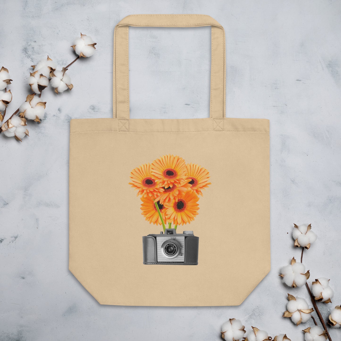 Organic Cotton Tote Bag, Vintage Floral Camera