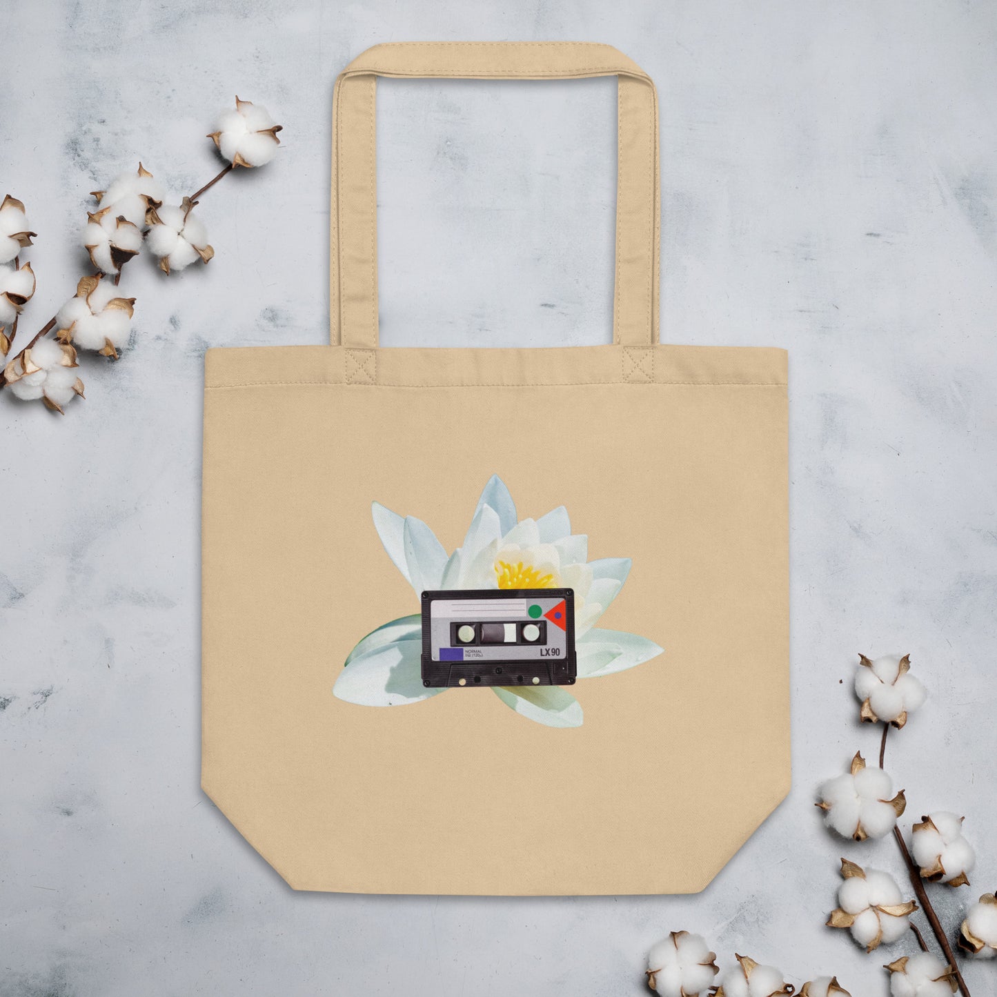 Organic Cotton Tote Bag, Vintage Cassette Tape with Lotus