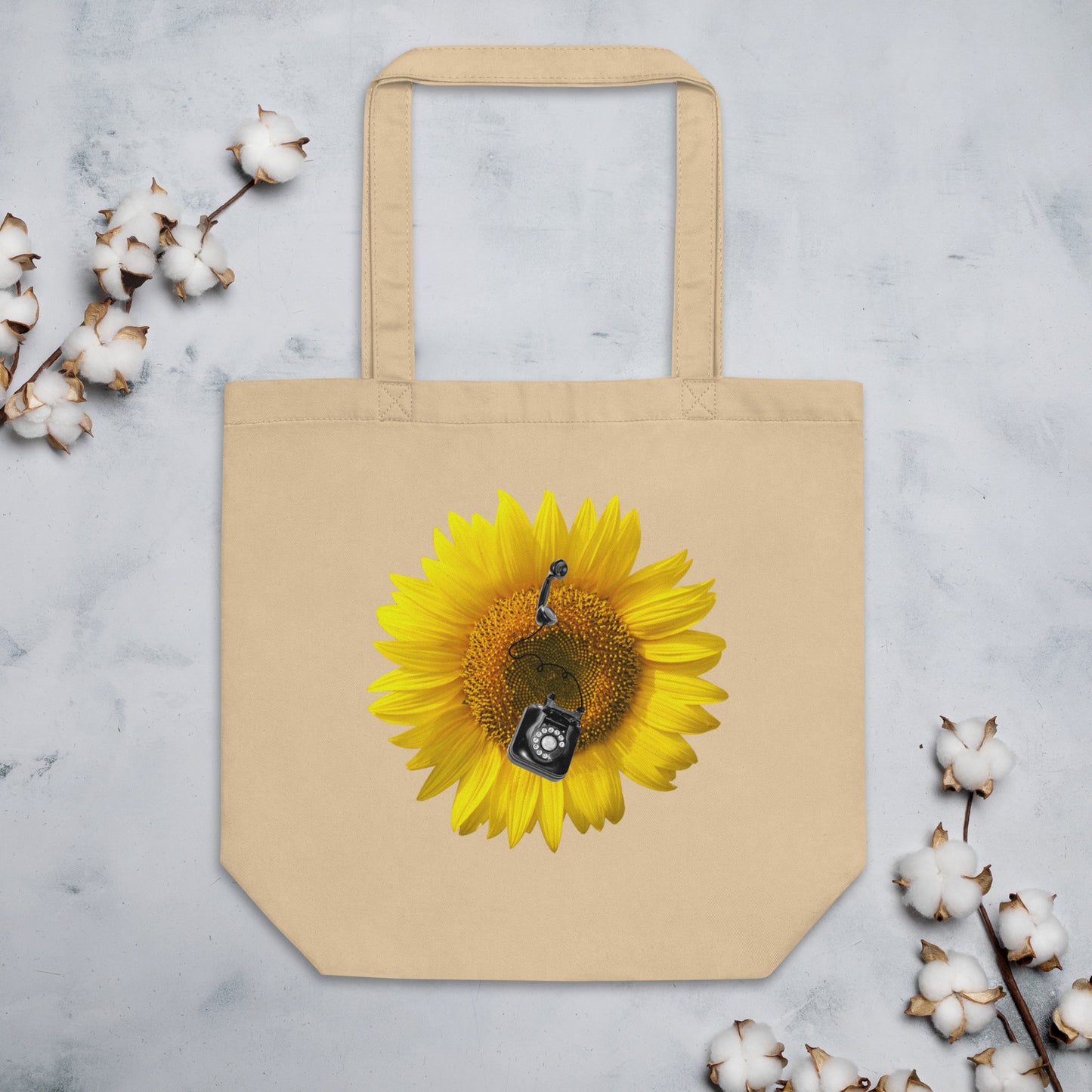 Organic Cotton Tote Bag, Vintage Rotary Phone on Sunflower