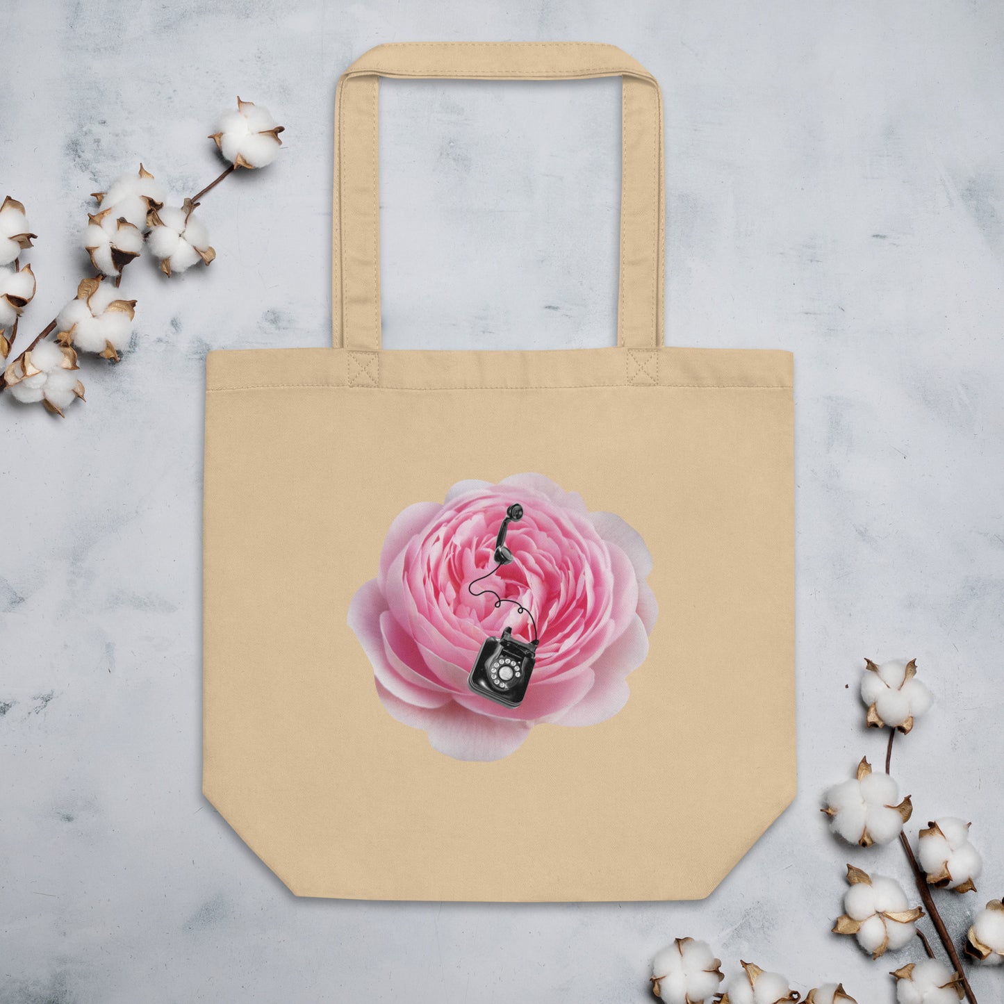 Organic Cotton Tote Bag, Vintage Rotary Phone on Peony