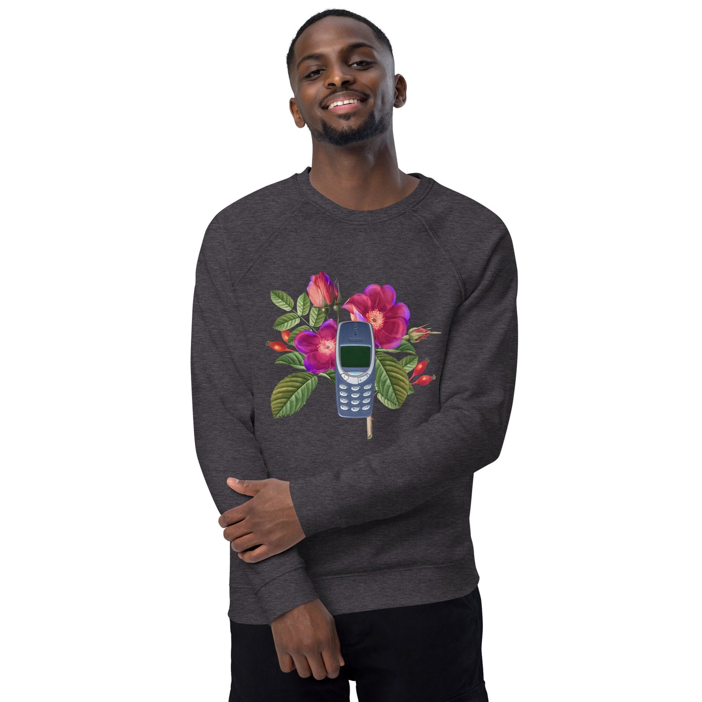 Unisex organic raglan sweatshirt, Vintage Floral Nokia