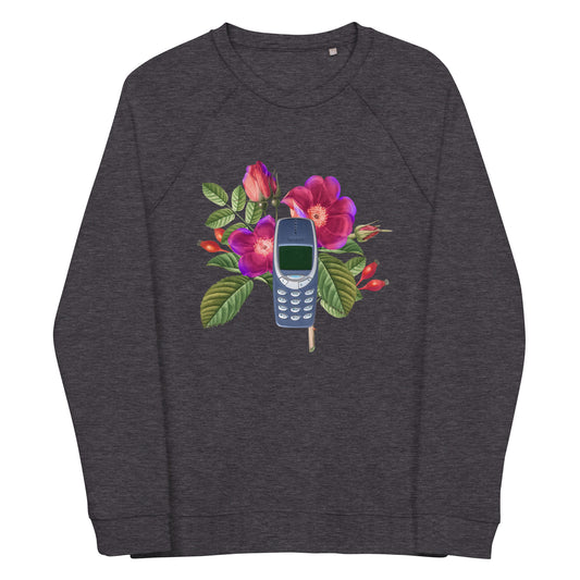 Unisex organic raglan sweatshirt, Vintage Floral Nokia