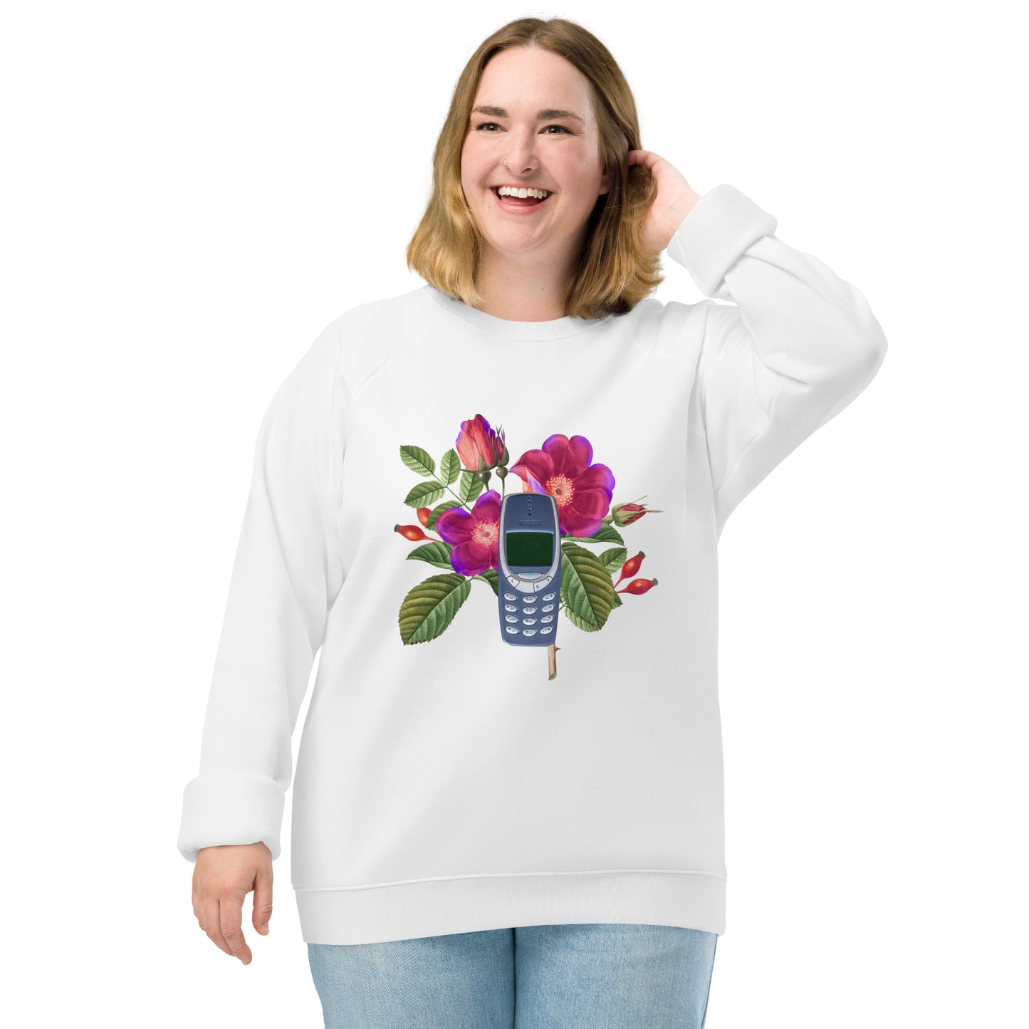 Unisex organic raglan sweatshirt, Vintage Floral Nokia